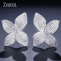 Zakol Fashion Luxury Butterfly AAA Cubic Zirconia Micro Pave Ajuste Flower Big Stud Pendientes para las mujeres Regalos de fiesta FSEP2078 220125