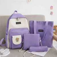 4 Piece Set High School backpack Bags for Teenage Girl Canvas Travel Backpack Women Bookbags Teen Student Schoolbag Fashion 210809