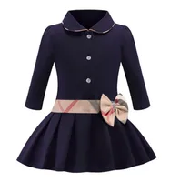 Kids Girl Lapel Collar bowknot Long Sleeve Dress Pleated Toddler Elegant Autumn Baby Children Designer Clothes