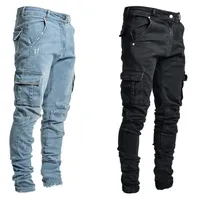 Mäns Multi Pocket Cargo Jeans Casual Cotton Denim Trousers Fashion Pencil Pants Sidofickor