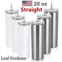 USA STOCK Straight 20oz DIY Sublimation Tumblers 2021 Metal Straw Lid Strainless Steel Popular Heat Transfer Water Cups