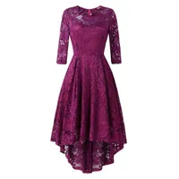 Vestidos casuales 3/4 de manga larga túnica vestido de fiesta de encaje más tamaño corto frontal trasero formal vestidos sólidos rojo púrpura alto bajo