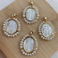 Medalla Oval Virgin Mary Colgantes Encantos de Joyería Maquilla Religiou Necklace Metal Pearl Mop Shell 220209