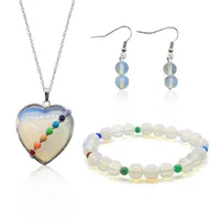 Chakra Heart Natural Stone Pendant Necklace Bracelet Earrings Set Crystal Quartz Healing Gemstone Jewelry Sets for Women
