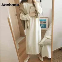 Aachoae o Neck Knitted Dress Women Batwing Long Sleeve Basic Casual Straight Soft Home Style Lady Es Vestidos