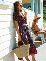 Jastie Midi Jupe Femmes Taille élastique Asymétrique Hippie Hippie Chic Jupes de plage Floral Print Faldas Mujer Moda jupe d'été 210419