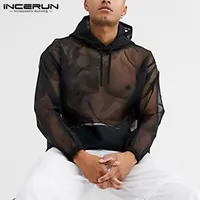 Men&#039;s T-Shirts Men Long Sleeve Hooded See Through Tees INCERUN Fashion Mesh T Shirts Man Solid Sexy Transparent Tops Casual Pocket 5XL