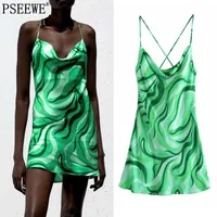 Pseewe za jurk vrouw groen print korte zomer jurken 2021 backless sexy slip mini beach jurk vrouwen casual club nachtjurken Y0706