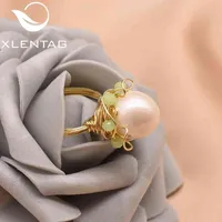 XLentag Natural White Big Pearl Flower Rings Green Crystal Angel Women Punk Anniversary Party Gifts Hiphop Luxury Smycken GR0249