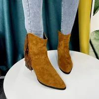 Boots 2021 Short Fringe Autumn Winter Shoes Women Chunky High Heel Suede Retro Ankle Botas Female Cowboy Zapatos Mujer