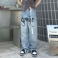 Amerikaanse Streetwear Jeans Hip-Hop Letters Gedrukt Losse Riem Broek Mannen Retro Hong-Kong Stijl Brede wurde Dweilen Baggy Y2K 0214