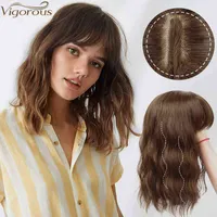 Kraftig blanda bruna syntetiska hårstycken med smällklipp i hårbitar Vatten Vågigt hår för kvinnor som tunna hårvärmebeständigt 220208