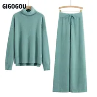 GIGOGOU Luxury Cashmere Minsk Women Wide Leg Pant Suits Thick Warm Turtleneck Sweater Tracksuits 2 Two Piece Sets Clothing 220122