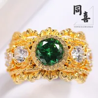 Green Italian Craft Palace Court Wind Ring 925 Silver Plated Gold Lace Hollowed Out Zircon Wide KQTN