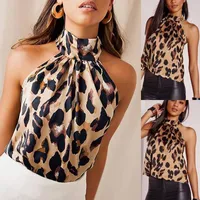 Sexy Off Ramię Leopard Topy Szyfonowe Kobiety Summer Zwierząt Print Casual Backless Bez Rękawów Koszulki Halter Kobiet Nosi Damska koszulka