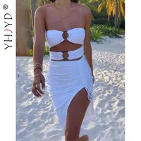 Повседневные платья Yhjyd Sexy вырезать o кольцо bodycon для женщин пляж вечеринка клуб одежды белое элегантное платье MIDI с разделением