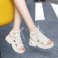 2021 Summer women shoes sandals fashion waterproof platform open toe thick bottom lace-up head layer leather casual black white