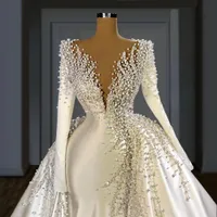 Robe de soirée satin de luxe satin 2021 Perles Sirène Robes de bal avec train détachable pour femme