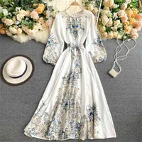 Femmes Vintage robe printemps automne mince avec ceinture Long es dames élégante flore imprimée boho robe vestidos 210508