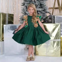 dark green girls' pageant dress knee-length jewel sequin satin ruffle lovely princess kids birthday party homecoming gown 2022