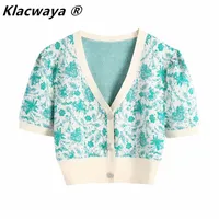 Klacwaya женщин 2021 мода V-шеи цветочный принт жаккардовый короткий вязаный свитер женское шикарное слоеное рукав кардиганы урожая топы женские вязаные