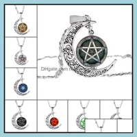 Pingente colares pingentes jóias de cinco pontas estrela oco lua cabochões vidro moonstone pentagram colar para womenmen witchcraft dro