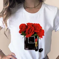 T-shirt da donna 2021 Estate Vrouwen Kleding Afdruk Bloem Parfum Fles Zoete Korte Mouwen Gedrukt Vrouwent-shirt Top Casual Vrouw Tee