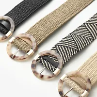 Belts Plastic Buckle Wide Belt Women PP Straw Weave Boho Braided Waist Leopard Round Flat Elastic