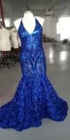 2021 Real Pics Prom Dresses Sparkly Cekiny Głębokie V Neck Halter 3D Kwiat Afryki Formalne Wieczorowe Suknie Party