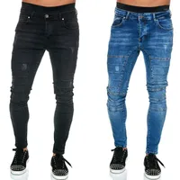 Men&#039;s Jeans Stretch Mens Cool Slim Pencil Pants Skinny Pleated Moto & Biker Los Hombres Casual Denim Trousers Long