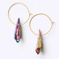 Stud 10Pairs/Lot Natural Rainbow Quartz Crystal Long Point Beads Dangle Hook Earrings Women Gold Handmade Jewelry