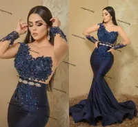 ASO EBI 2021 Arabische Navy Blue Mermaid Abendkleider Spitze Perlen Prom Kleid Sheer Hals langarm Formelle Partei Zweiter Empfangskleid