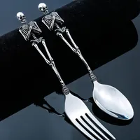 티타늄 스틸 뼈대 두개골 포크 숟가락 식기 빈티지 저녁 식사 테이블 Flatware 칼 붙이 금속 공예 할로윈 파티 선물 384T