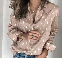 Kadın Bluzlar Uzun Kollu Trun Aşağı Yaka Polka Dot Baskı Bluz Rahat Düğme Gömlek Kadın Bayanlar Için Tops
