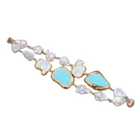Guaiguai Schmuck Kultivierte weiße Blume Keshi Pearl Blau Türkis Slice Armband Handgemacht Für Frauen Echte Dame Fashion Jewellry