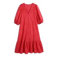 Günlük Elbiseler Blsqr Nakış Boşaltın Kadın Sundress Yaz Puf Kollu Kırmızı Elbise Bayan Tek Göğüslü Pileli Kız
