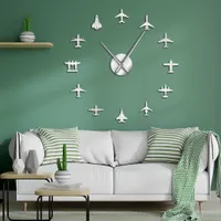 Vliegtuig Vechter Jet Moderne Grote Wandklok DIY Acryl Spiegel Effect Sticker Vliegtuig Silent Wall Clock Aviator Home Decor X0705