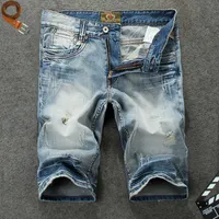 Italiano vintage moda homens jeans retro luz azul destruído designer rasgado curto verão hip hop denim shorts hombre hbvw