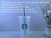 Starbucks 24 oz / 710 ml Plastik Tumbler Kullanımlık Temizle İçme Düz Alt Kupası Ayağı Şekli Kapak Saman Kupa Bardian DHL UV Makinesi Baskı Solmaz