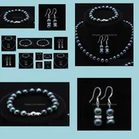 Bracelet, Earrings & Necklace Jewelry Sets Natural 7-8Mm Black Akoya Pearl Bracelet Set 18" 7.5" Aa Drop Delivery 2021 F01Uo