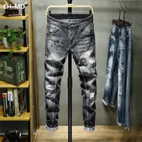 EHMD Ripped Hole Jeans Men&#039;s Paint Dots Ink Splattered Soft Cotton High Elastic Leather Label Black Grey Slim Pants Red Ears 220303