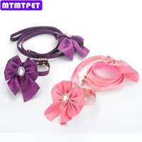 Dog Collars & Leashes 5sets lot Pet Double Layer Nylon Ribbon Bow With Oval Drill Collar Traction Rope Set Leash And