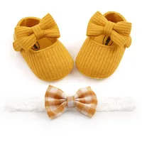 첫 번째 워커 초점 유아 아기 소녀 소년 신발과 머리띠 단단한 컬러 안티 슬립 슈즈 + 격자 무늬 Bowknot Headwear