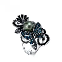 Trendy Vintage Navy Blue Pearl Butterfly Crystal Finger Ring For Women Engagement Wedding Party Jewelry Accessories
