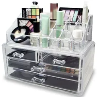 Organizador de maquiagem, caixas de armazenamento cosméticas com 4 gavetas integradas, acrílicas, para batom jewerly e pincéis de maquiagem, cômoda, bancada de banheiro
