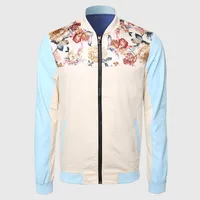 Männer Jacken Männer Coole Floral Mandarin Kragen Reisejacke Langarm Khaki Blau Kontrastfarbe Blume Druck Schulter Kleidung