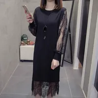 Günlük Elbiseler Oneimirry Zarif Dantel Patchwork Örme Kazak Elbise Kadınlar Siyah Mesh Hollow Up Kol Ofis Lady Kış Midi 2021