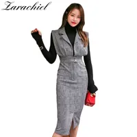 Kore Office Gri Ekose Jartiyer Çentikli Bahar kadın Kolsuz Yüksek Bel Tokaları Ince Diz Bölünmüş Örgün Elbise 210416
