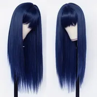 Long Silky Straight Synthetic Wig Full Neat Bangs Blue Pink Color Cospaly Party Hand Tied None Lace Wigs Heat Resistant Fiber for Black Women