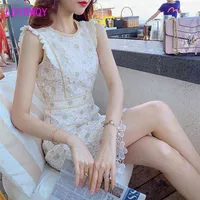 LDYRWQYレース刺繍婦人夏気質スリムネックハイウエストファッションドレスオフィスレディ210701